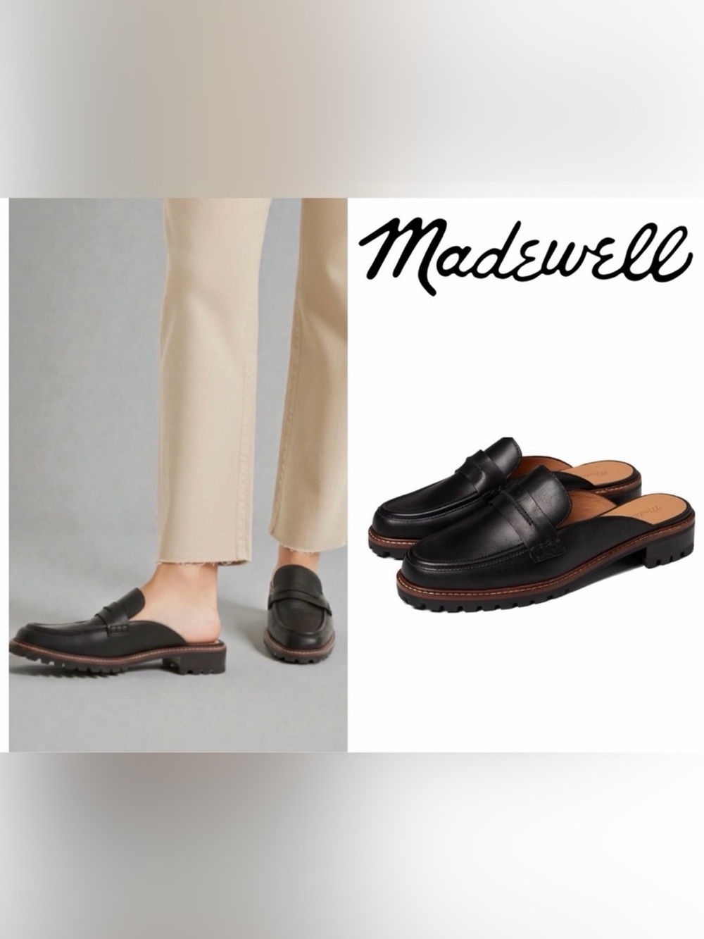 Madewell Black Leather Penny Loafer Mule with Lug Sole
